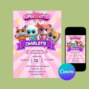 Girl Super Kitties Birthday Invitation Template Super Kitties Invitation Digital Cat Girl Invite Template Kitty Cat Party Invite