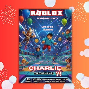 Puede incluir: Una colorida invitación de fiesta de cumpleaños con temática de Roblox. El diseño presenta personajes de Roblox saltando en una cama elástica, globos y confeti. La invitación dice "¡Charlie cumple 7 años!" con detalles del evento.