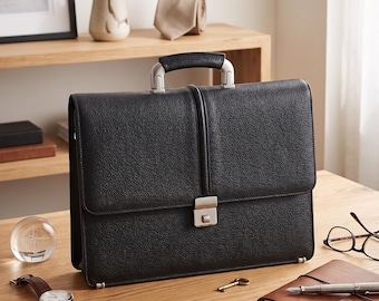 Bolso de piel para portátil para hombre / Maletín de piel profesional / Bolso bandolera delgado para negocios / Bolso para portátil negro hecho a mano / Regalo para él