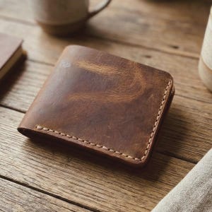 Läderplånbok för män, äkta läderplånbok med dubbelvikt, handgjord minimalistisk smal plånbok, present till honom