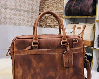 Handmade Veg Tan Leather Briefcase | 16" Laptop Bag for Men | Full Grain Vegetable Tanned Messenger Bag | Brown Leather Work Bag |