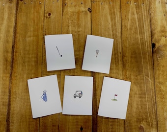 Tarjetas de acuarela para amantes del golf: diseño de bolsa, tee, carrito, palo y green (juego de 5) Interior en blanco