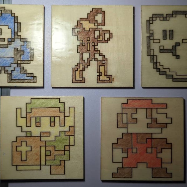Woodburning - NES - 8 BIT ICONS Drink Coasters - Nintendo - Mario - Megaman - Link - Kirby - Simon Belmont