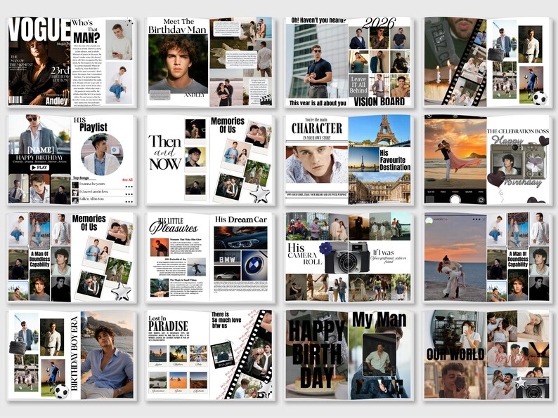Multiple Magazine Layout Backside Personalized Birthday Magazine Template for Him | Birthday Magazine for ...