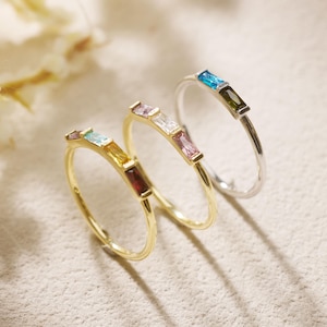 Baguette Birthstone Ring, Custom 1-6 Stones Family Jewelry, Dainty Stackable Band, Gift for Mom, Gift for Her, Christmas Gift