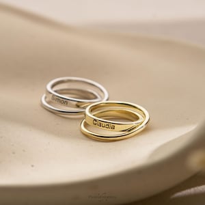 Personlig graverad namnring, Anpassad namnring med dubbelt band, Minimalistisk dubbelt band, Guld- och silverband, Present till henne, Present till honom