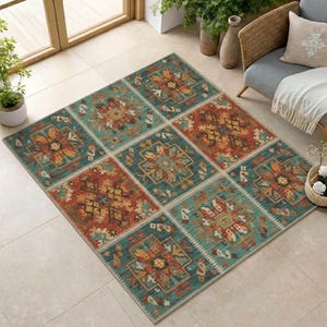 Southwestern Patchwork Rug, Boho Tribal Area Rug, Vintage Kilim Style Carpet, Rustic Aztec Geometric Rug, Washable Non Slip Farmhouse Decor
