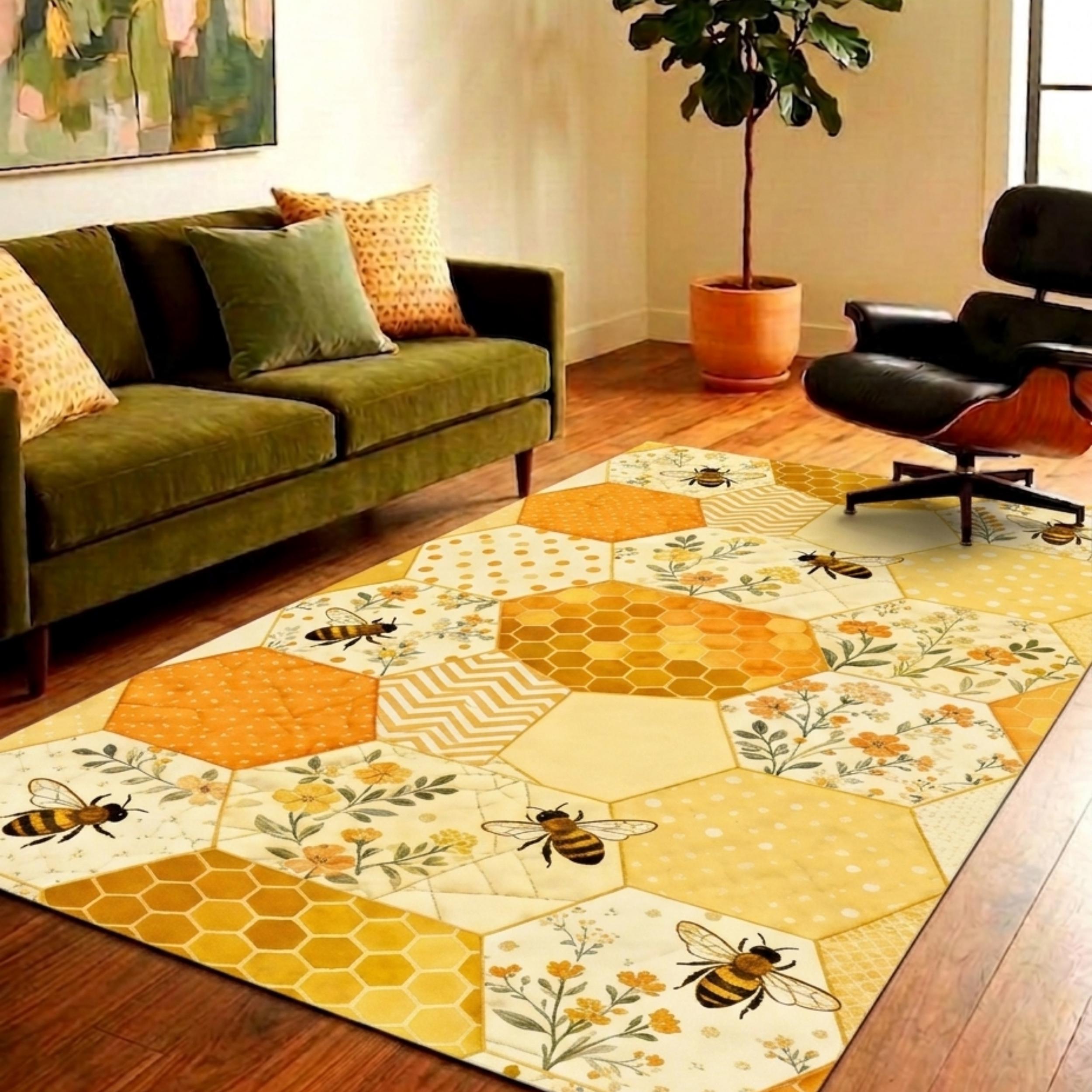 Bee Yellow Rug Seamless Honeycomb Pattern Rug, Yellow Patchwork Hexagonal Rug Design ...