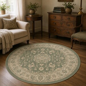 May include: A round, sage green area rug with an intricate floral and scrollwork design. The rug has a cream-colored border and central medallion. The rug is placed on a hardwood floor in a living room setting.