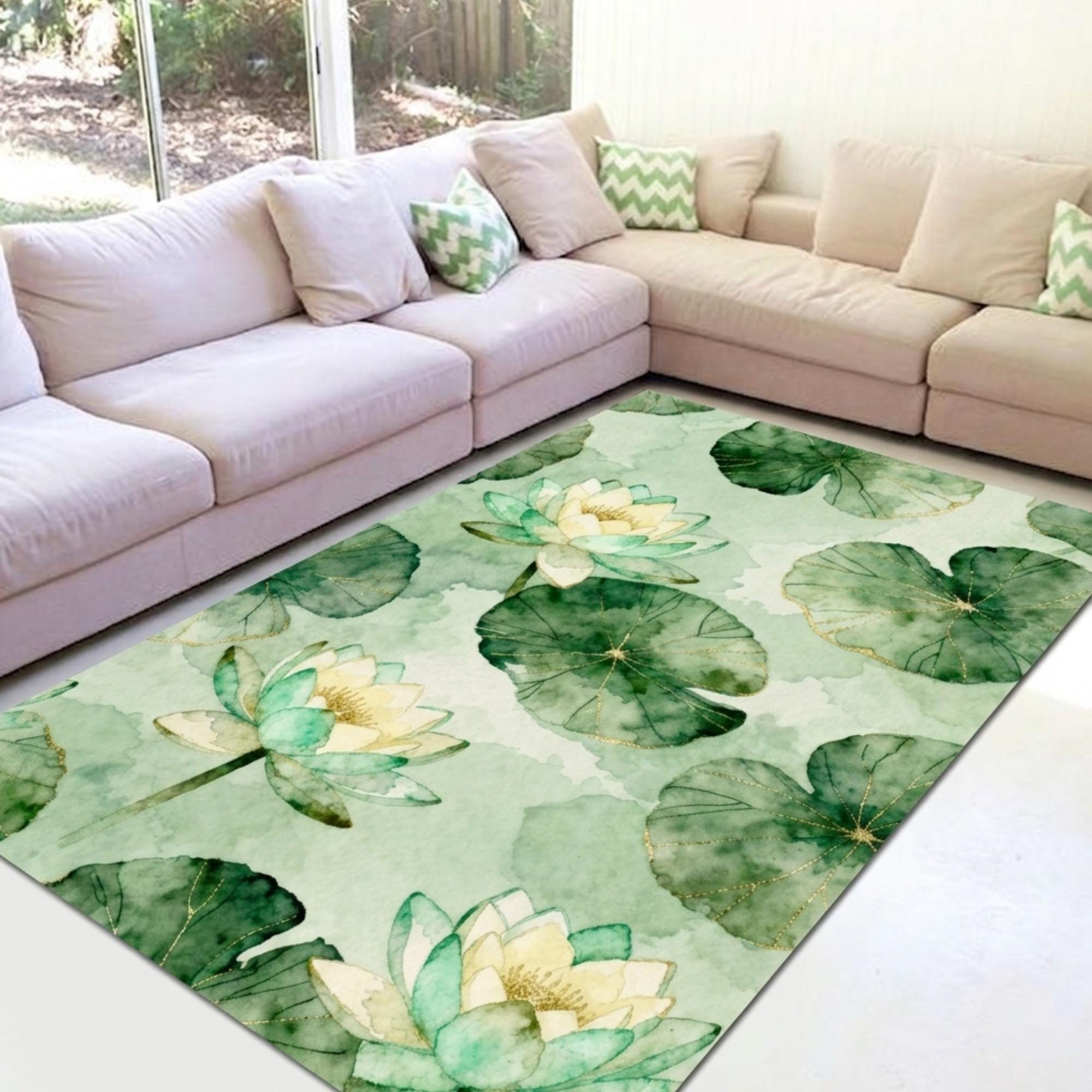 Modern Rug Lotus Rug Sage Green Lotus Rug, Lotus Flower Area Rug, Spa Bathroom Decor ...