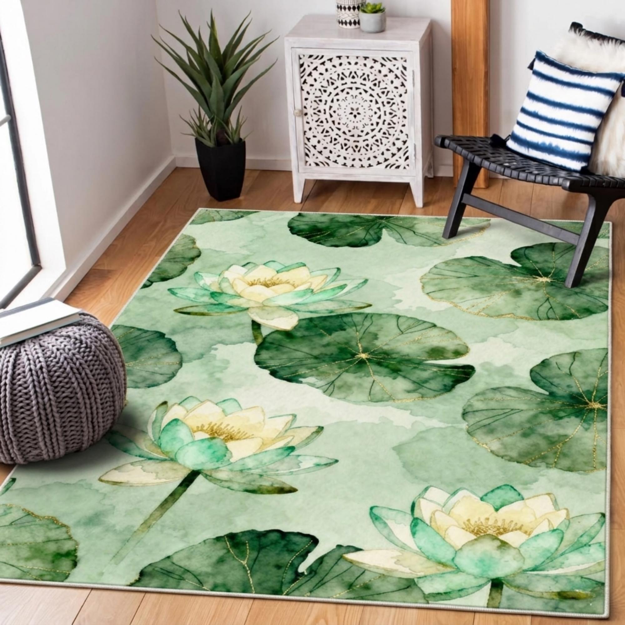 Modern Rug Lotus Rug Sage Green Lotus Rug, Lotus Flower Area Rug, Spa Bathroom Decor ...