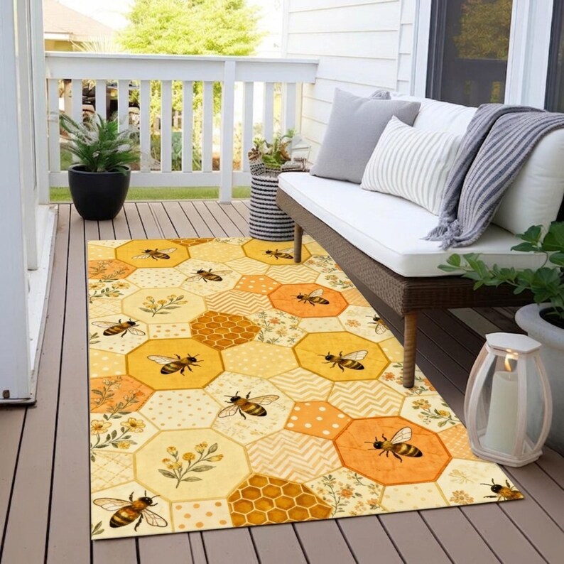 Bee Rug Runner Honeycomb Pattern Runner Rug, Seamless Hexagonal Patch Design, Yellow ...