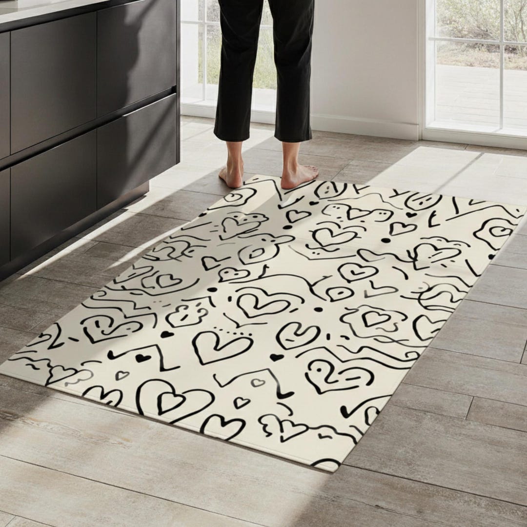 Minimalist Heart Pattern Rug, Scandinavian Cream Black Washable Carpet ...