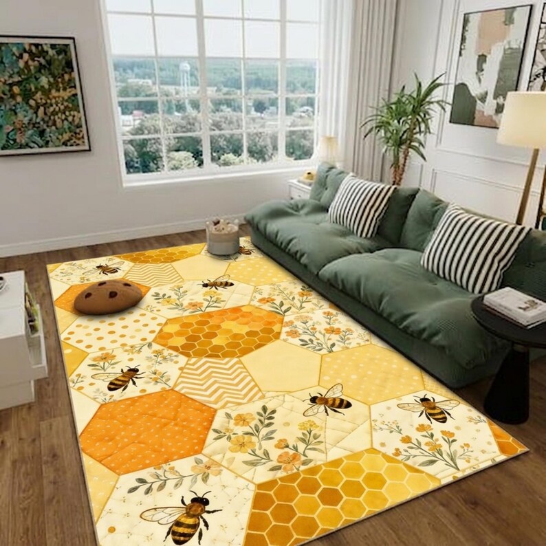 Bee Yellow Rug Seamless Honeycomb Pattern Rug, Yellow Patchwork Hexagonal Rug Design ...