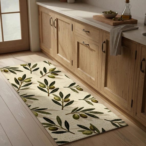 Olive Branch Kitchen Runner Rug, Mediterranean Olive Pattern Rug, Tuscan Farmhouse Kitchen Decor, Botanical Olive Rug, Washable Kitchen Rug