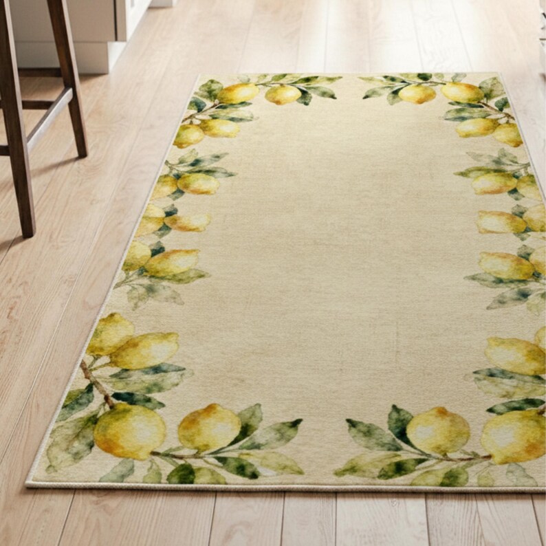 Lemon Frame Kitchen Rug – Watercolor Citrus Branches, Farmhouse ...