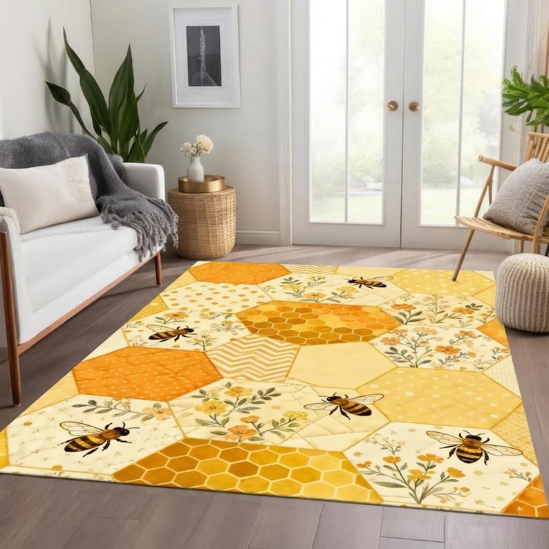Seamless Honeycomb Pattern Rug, Yellow Patchwork Hexagonal Rug Design ...