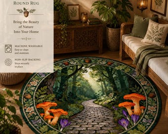 Round Forest Path Rug, Cottage Style Mushroom Rug, Forest Fairy Rug, Vintage Nature Carpet, Dark Green Botanical Field Rug Non-Slip Washable