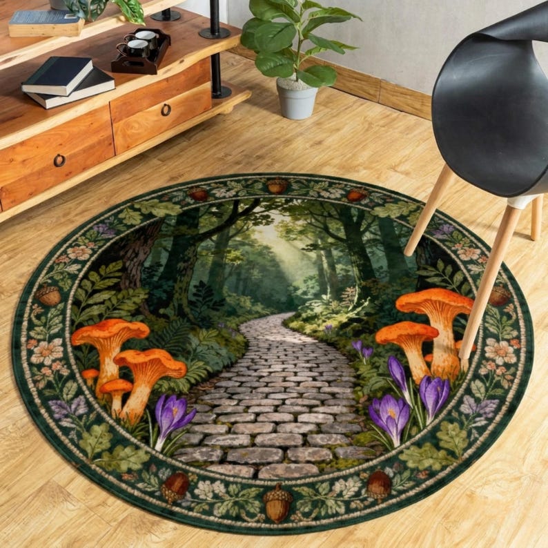 Round Forest Path Rug, Cottage Style Mushroom Rug, Forest Fairy Rug ...