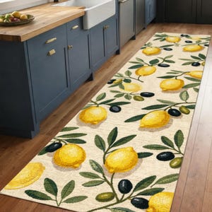 Lemon and Olive Branch Kitchen Rug, Mediterranean Tile Pattern, Farmhouse Style Washable Runner, Yellow Botanical Decor, Housewarming Gift