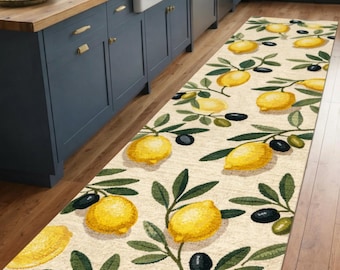 Zitronen- und Olivenzweig-Küchenteppich, mediterranes Fliesenmuster, waschbarer Bauernhaus-Stil Läufer, gelbes botanisches Dekor, Housewarminggeschenk