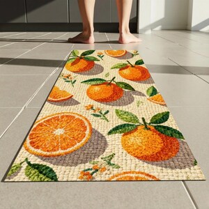 Peut inclure: Un tapis rectangulaire avec un motif répété d'oranges, de tranches d'orange, de feuilles vertes et de petites fleurs blanches. Le tapis a un fond beige et est posé sur un sol carrelé. Le tapis est un accessoire de cuisine ou de salle de bain.