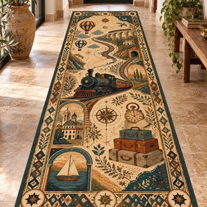 Può includere: Un lungo tappeto rettangolare con un tema di viaggio vintage, raffigurante una locomotiva a vapore, mongolfiere, una barca a vela e una pila di tre valigie. Il design include una rosa dei venti, un orologio da taschino e illustrazioni architettoniche.