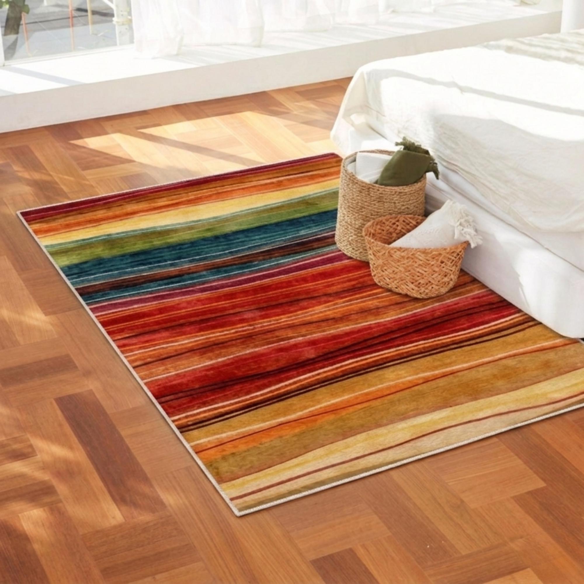 Sunset Colorful Runner Rug, Boho Stripe Kitchen Runner, Warm Modern ...