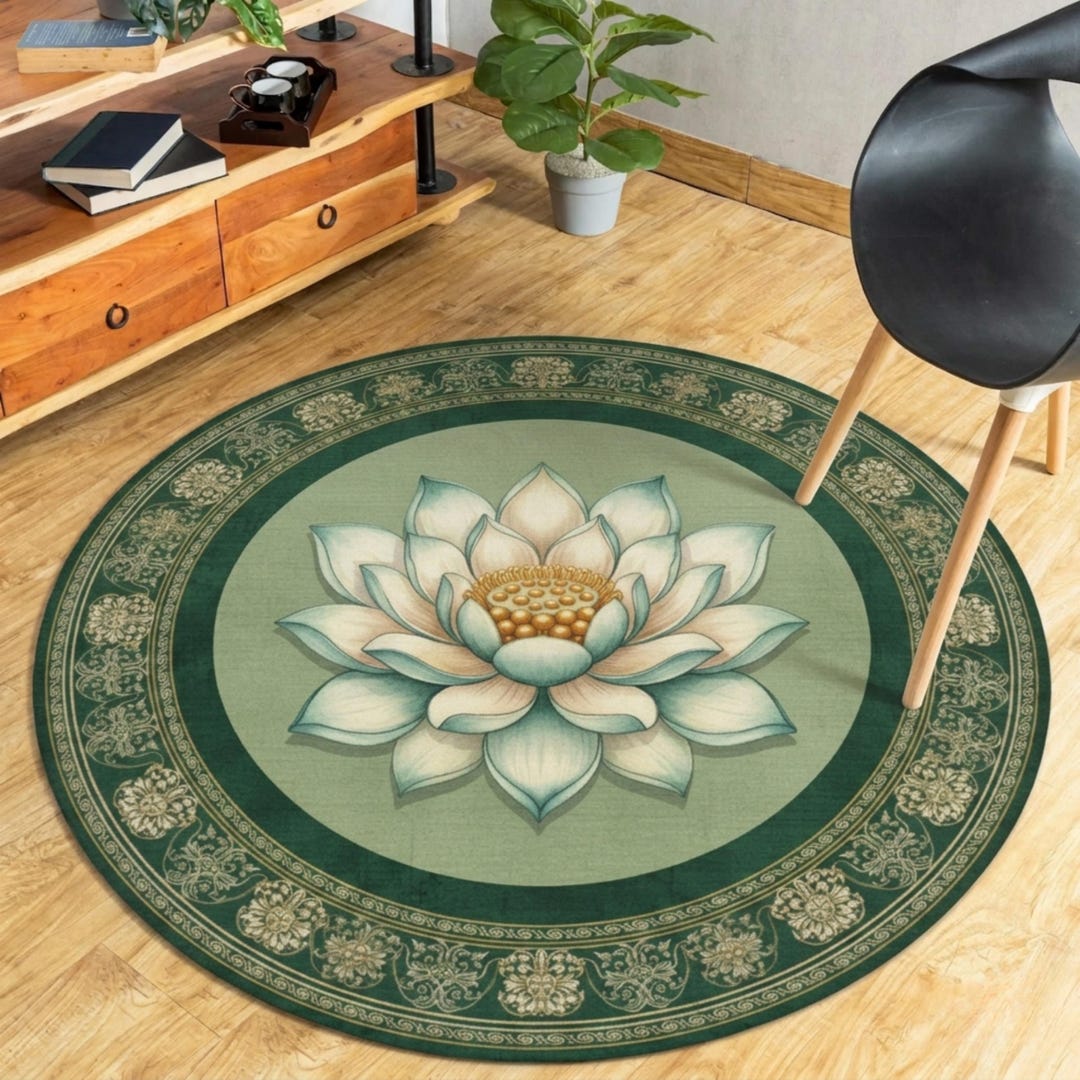 Modern Rug Lotus Rug Round Lotus Rug, Sage Green, Zen Mandala Area Rug, Lotus Carpet, Spa ...