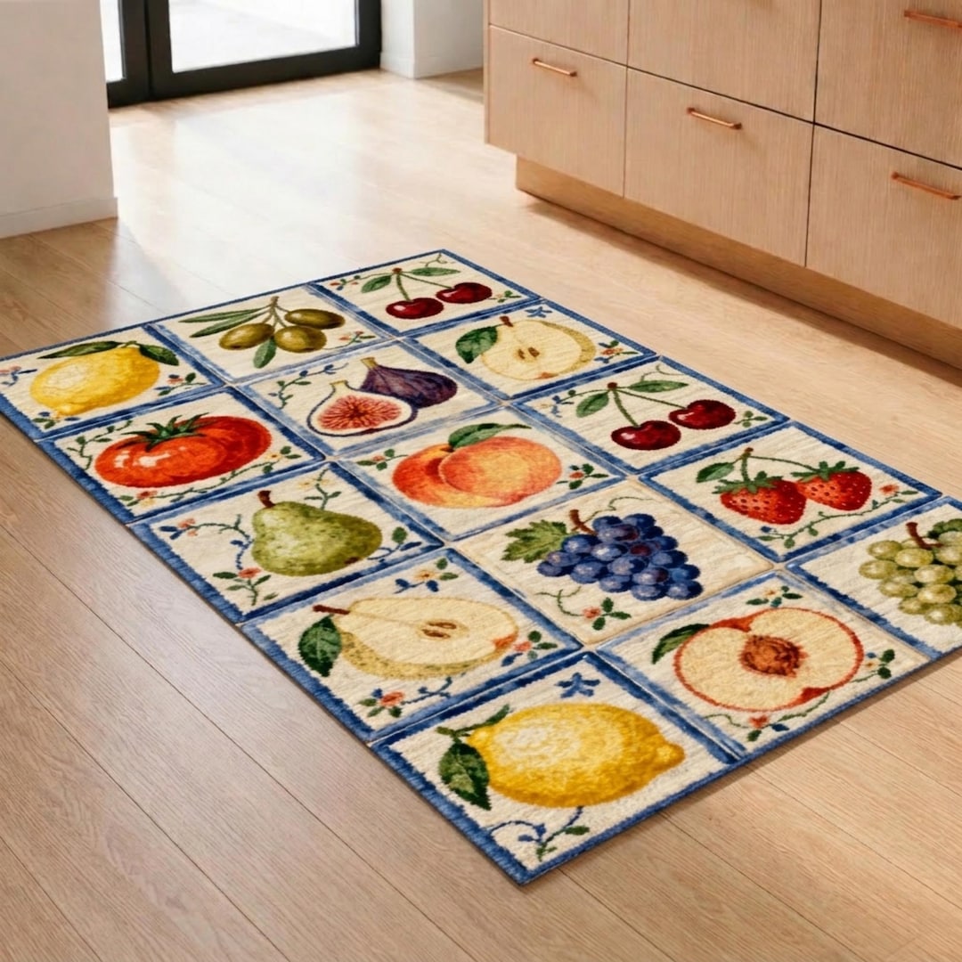 Tomatillo Rugs Mediterranean Fruit Tile Area Rug, Italian Majolica Style Kitchen Mat ...