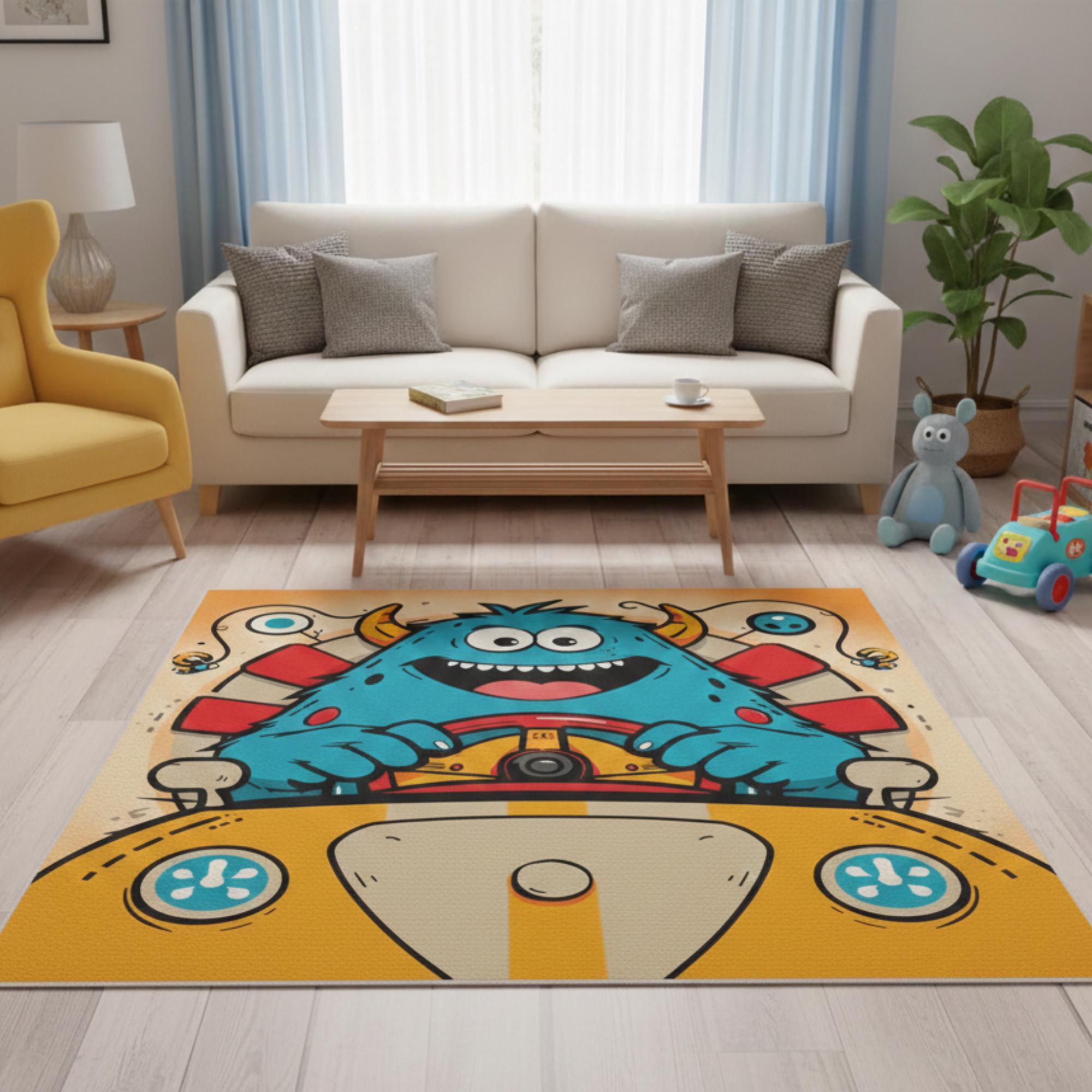 Monster Ink Rug Cute Monster Kids Rug–cartoon Car Nursery Rug–fun Blue Monster Playroom ...
