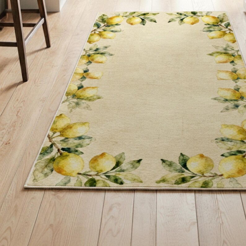 Lemon Frame Kitchen Rug – Watercolor Citrus Branches, Farmhouse ...