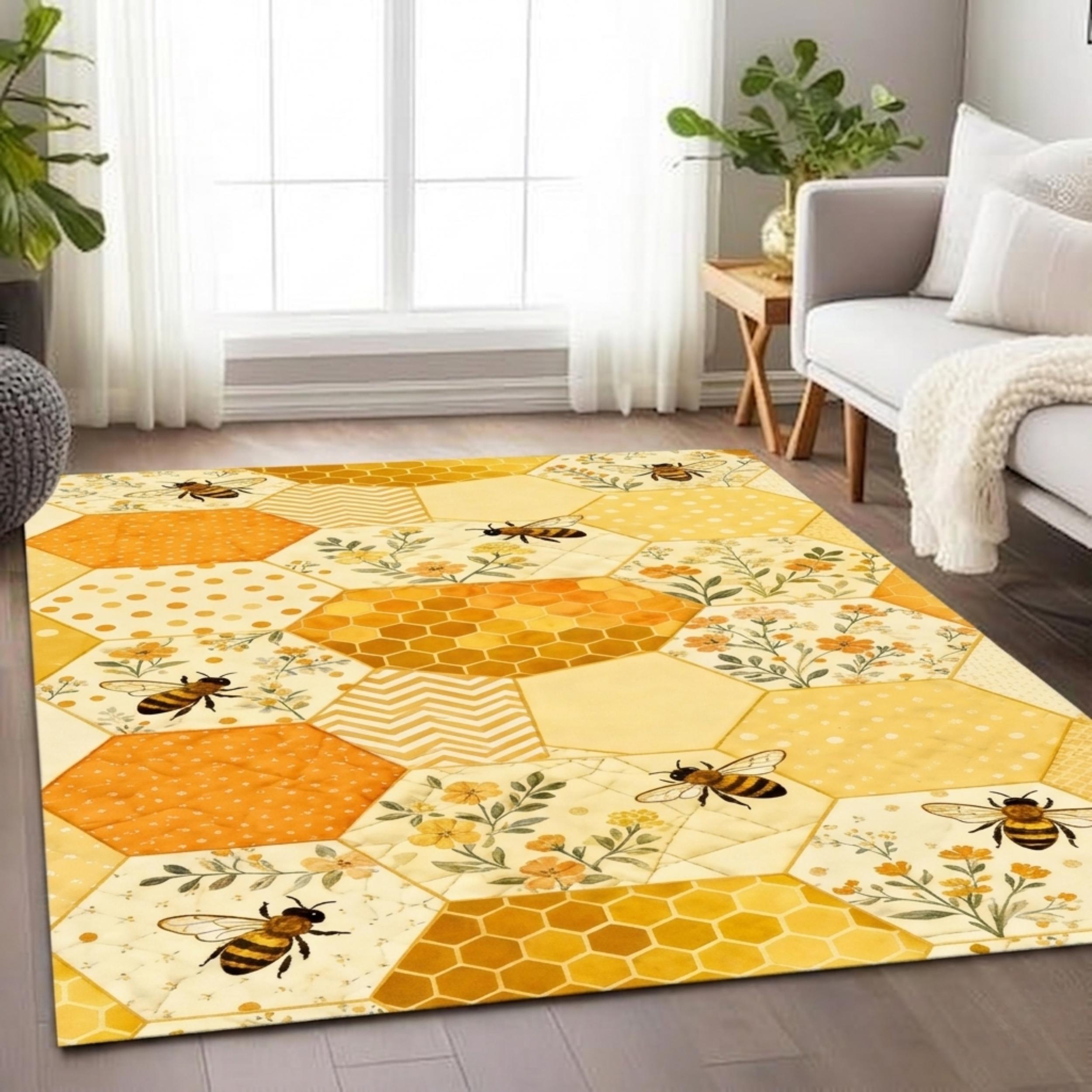 Bee Yellow Rug Seamless Honeycomb Pattern Rug, Yellow Patchwork Hexagonal Rug Design ...