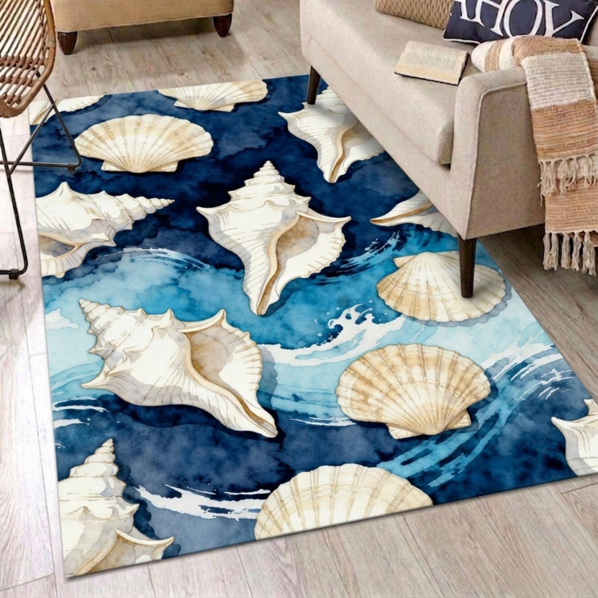 Sea Shell Patern Rug Coastal Seashell Runner Rug, Navy Blue Ocean Watercolor Beach House ...