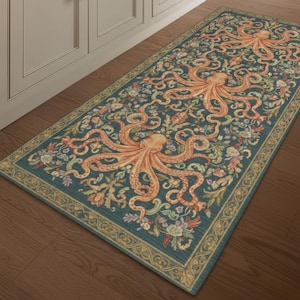 Octopus Runner Rug Vintage Coastal Nautical Rug, Ocean Hallway Runner, Marine Animal Carpet, Washable Sea Life Rug, Unique Home Decor