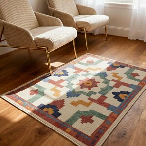 Moroccan Area Rug, Colorful Geometric Tribal Patchwork, Washable Low Pile, Gift