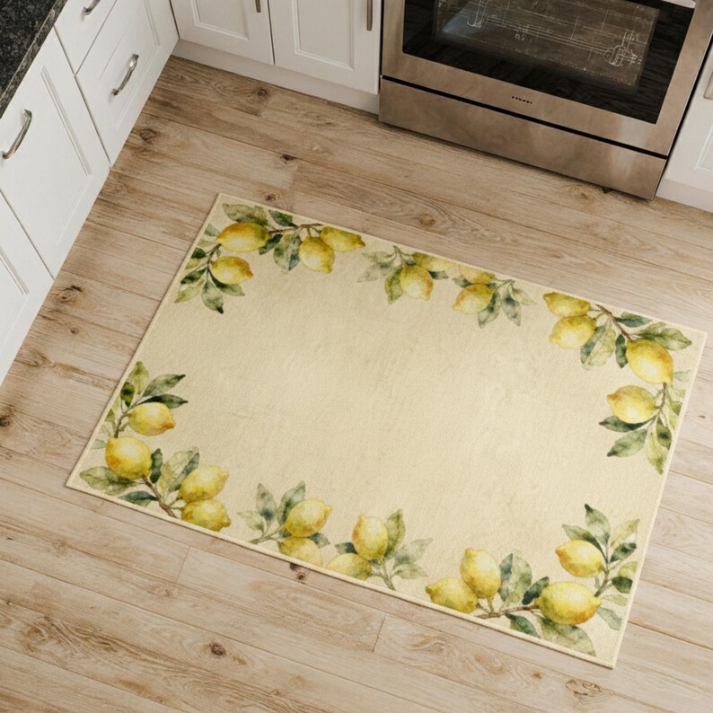 Lemon Frame Kitchen Rug – Watercolor Citrus Branches, Farmhouse ...