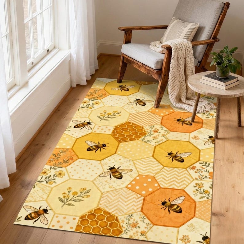 Bee Yellow Rug Honeycomb Pattern Runner Rug, Seamless Hexagonal Patch Design, Yellow ...