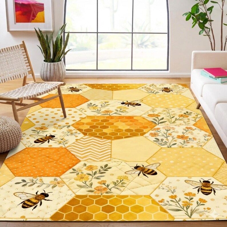Bee Yellow Rug Seamless Honeycomb Pattern Rug, Yellow Patchwork Hexagonal Rug Design ...