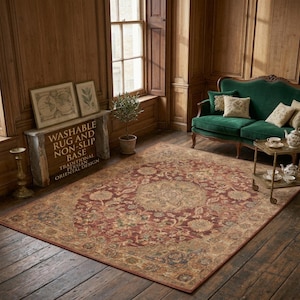 May include: A rectangular area rug featuring a detailed floral and medallion pattern in shades of deep red, tan, and muted blue. The rug has a non-slip base and is labeled with text reading WASHABLE RUG AND NON-SLIP BASE TRADITIONAL PERSIAN ORIENTAL DESIGN.