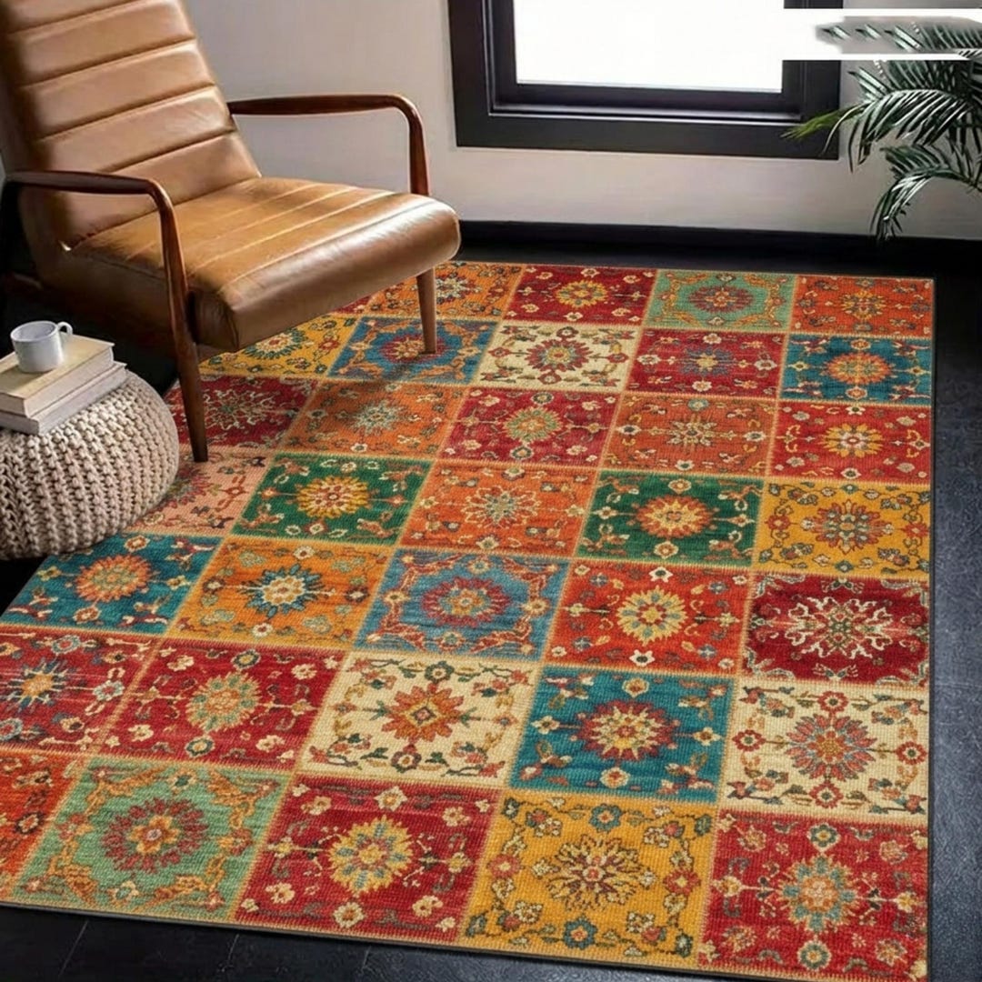 Patchwork Boho Area Rug – Colorful Vintage Style, Machine Washable ...
