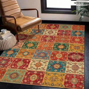 Patchwork Boho-matta – Färgglad vintagestil, maskintvättbar, lyft din inredning med färgglad patchwork boho-konst