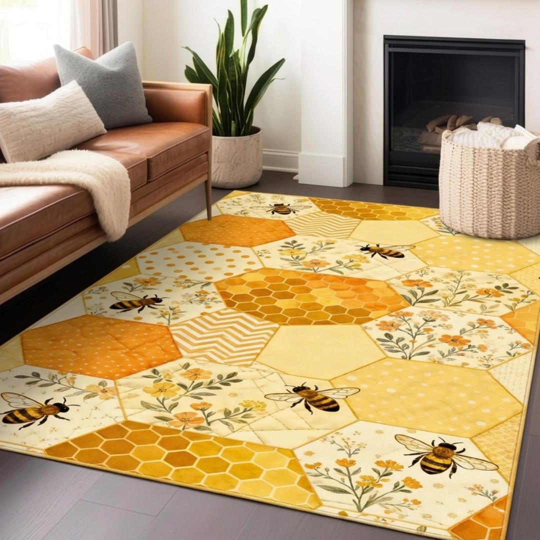 Seamless Honeycomb Pattern Rug, Yellow Patchwork Hexagonal Rug Design ...