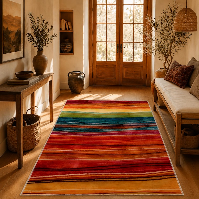 Sunset Colorful Runner Rug, Boho Stripe Kitchen Runner, Warm Modern ...
