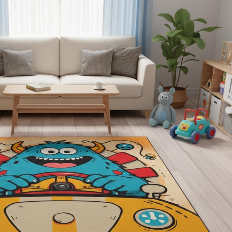 Monster Ink Rug Cute Monster Kids Rug–cartoon Car Nursery Rug–fun Blue Monster Playroom ...