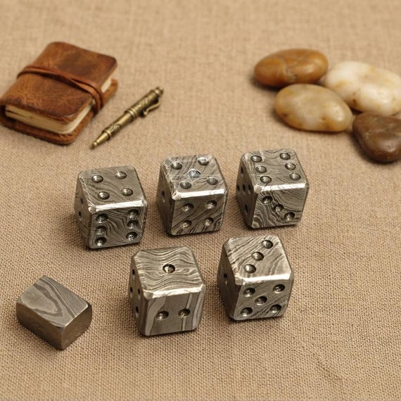 Hand Forged Damascus Steel Dice | Vintage Solid Metal DND | Antique Style Round Corner RPG Dice | Gift For Game Lover | Tabletop Gaming Set