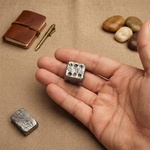 Pu&ograve; includere: Un dado a sei facce realizzato in acciaio Damasco con un distinto motivo metallico ondulato e stratificato. Il dado presenta rientranze circolari per i punti, mostrando una finitura grigio metallizzato e argento con una superficie lucida e testurizzata.