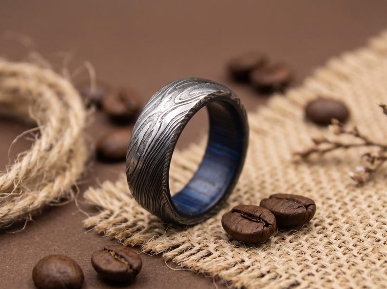 Mens Wedding Band Damascus Ring: Blue Wood Inlay Whiskey Barrel Mens Wedding Band Damascus Ring: Blue Wood Inlay Whiskey Barrel