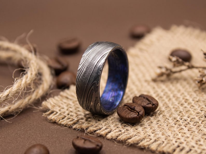 Mens Wedding Band Damascus Ring: Blue Wood Inlay Whiskey Barrel Mens Wedding Band Damascus Ring: Blue Wood Inlay Whiskey Barrel