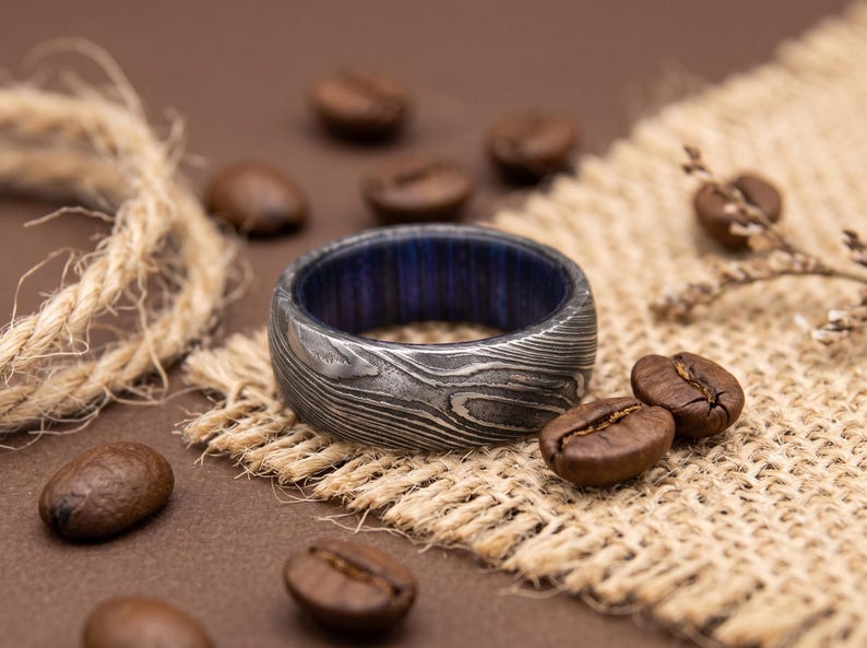 Mens Wedding Band Damascus Ring: Blue Wood Inlay Whiskey Barrel Mens Wedding Band Damascus Ring: Blue Wood Inlay Whiskey Barrel